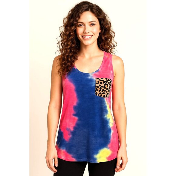 CCC Colorful Tie Dye Tank Top Leopard Print Chest Pocket Sleeveless Shirt Size S - Picture 2 of 11